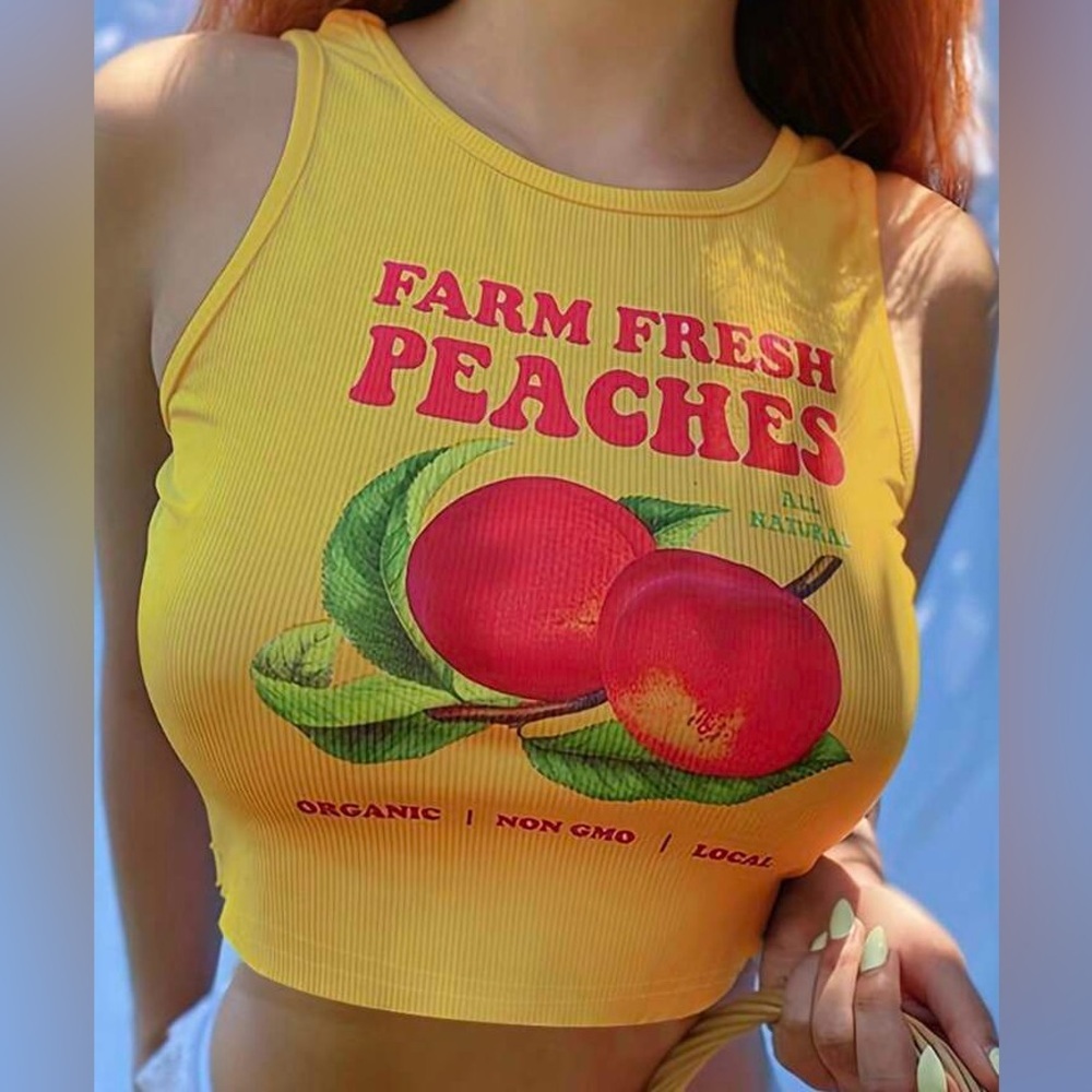 NWOT Yellow Tank Top with Farm Fresh Peaches Print never worn